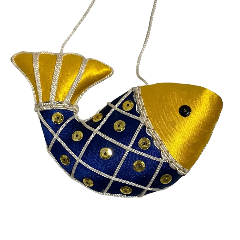 Vintage Satin Plush Sequin Blue & Gold Fish Christmas Ornament
